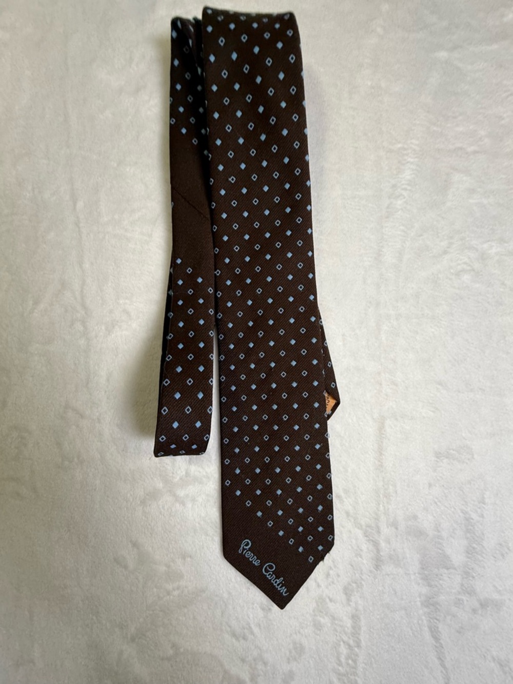 Vintage Pierre Cardin 100% silk Brown Tie with Light Blue Micro-Diamonds